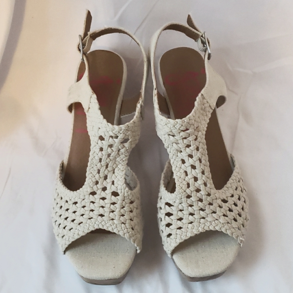 Beige Canvas/Cork Wedged Sandals by Jellypop Comfort Fit size 8.5 $20 Firm